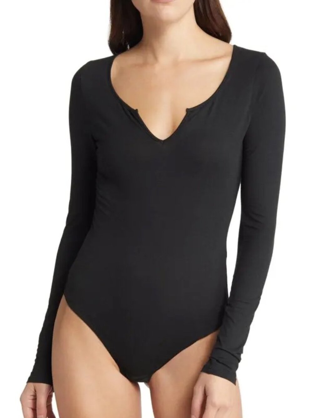 Madewell Black Pointelle Split Neck Scoop Neck Long Sleeve Thong Bodysuit